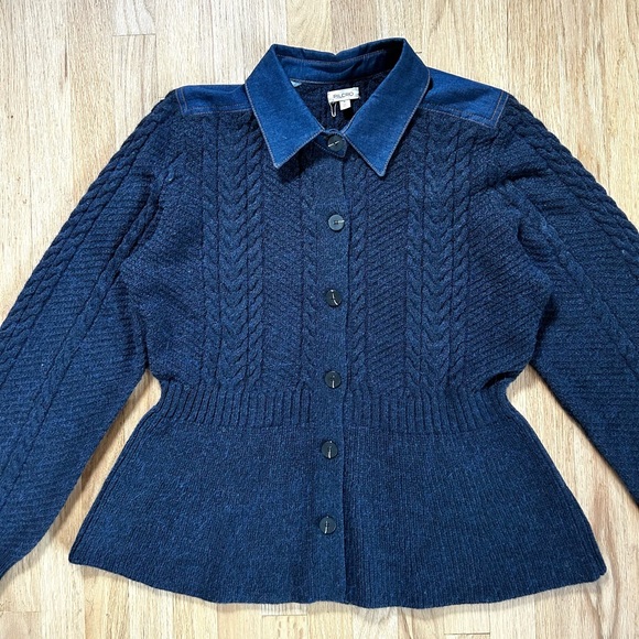 PILCRO anthropologie peplum cable cardigan collared sweater jacket navy size XL - Picture 7 of 14